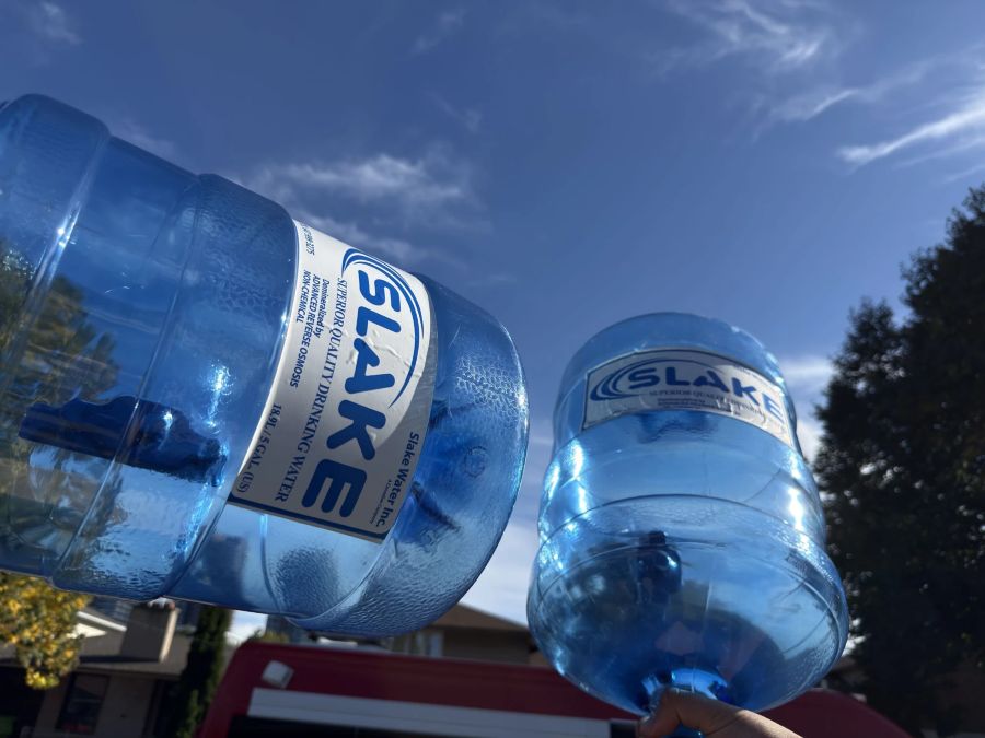 Two Slake Water bottles raised against the sky